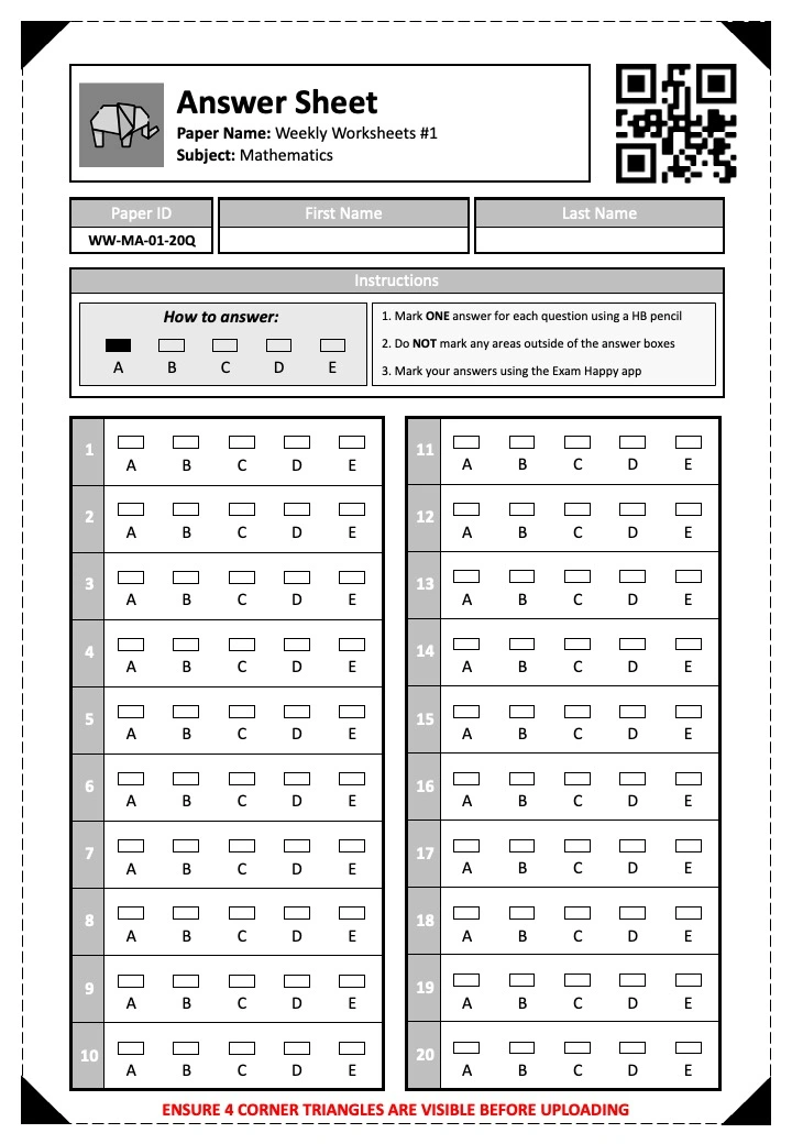 11+ Maths Worksheet Answer Sheet