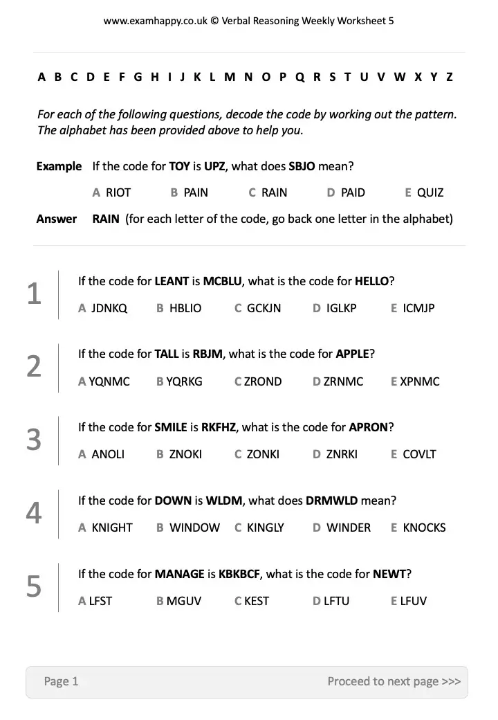11+ Verbal Worksheet Example Questions