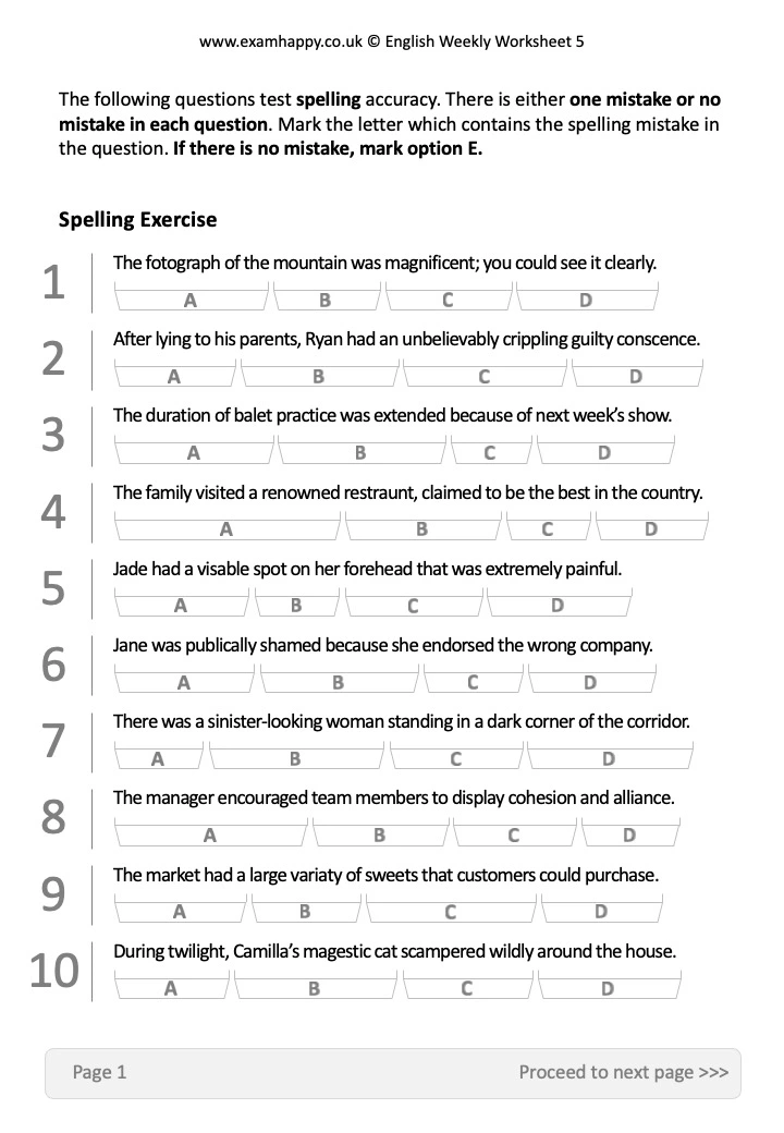 11+ English Worksheet Example Questions