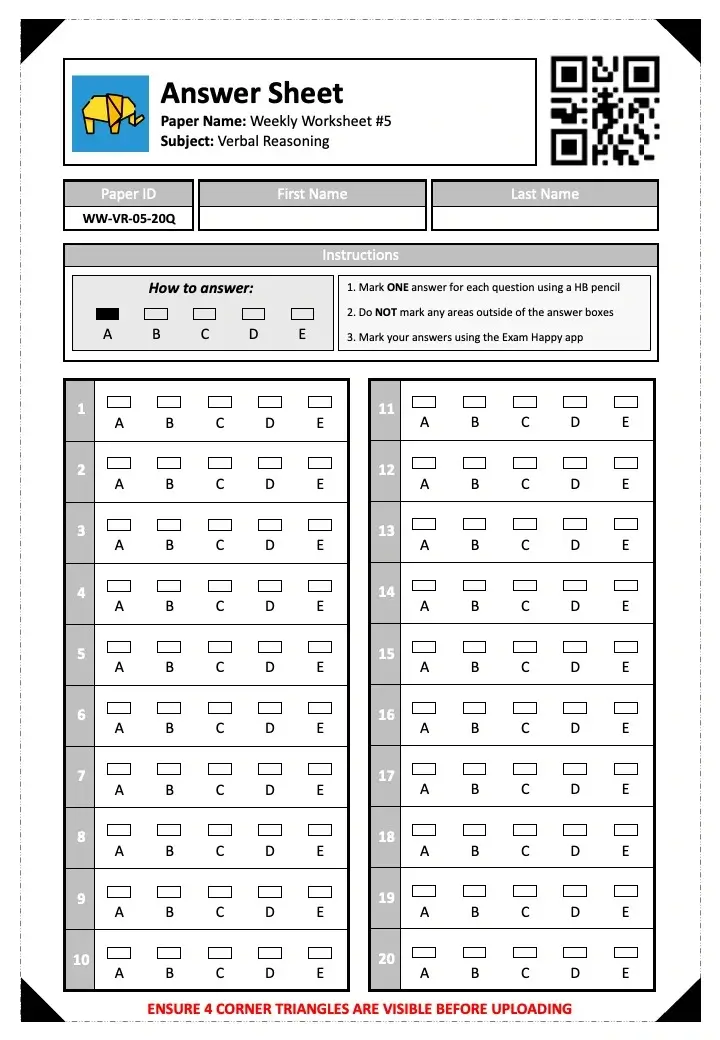 11+ Verbal Worksheet Answer Sheet