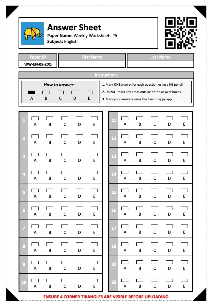 11+ English Worksheet Answer Sheet